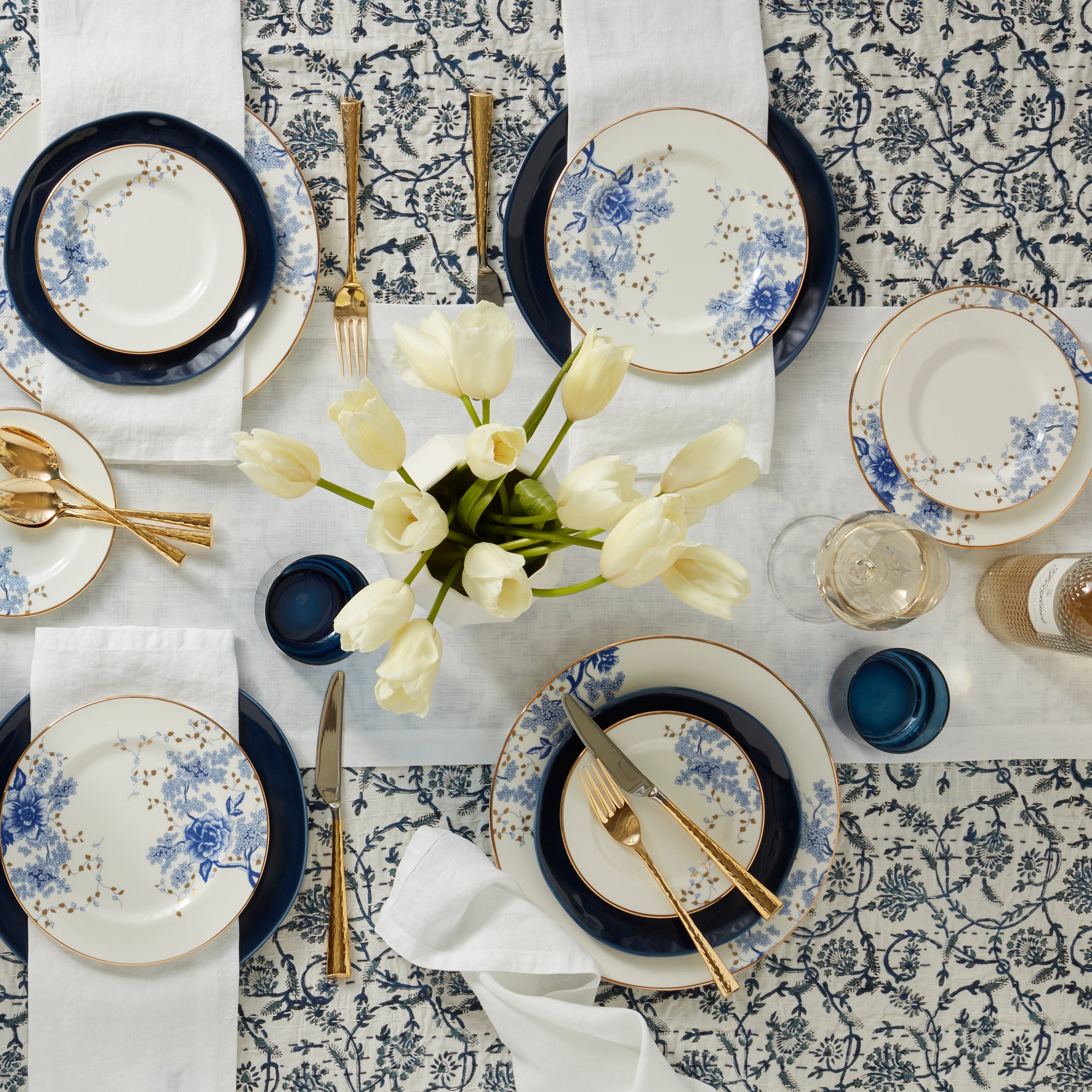 Blue Floral Bone China Dinner Plate with Gold Trim - Image 2