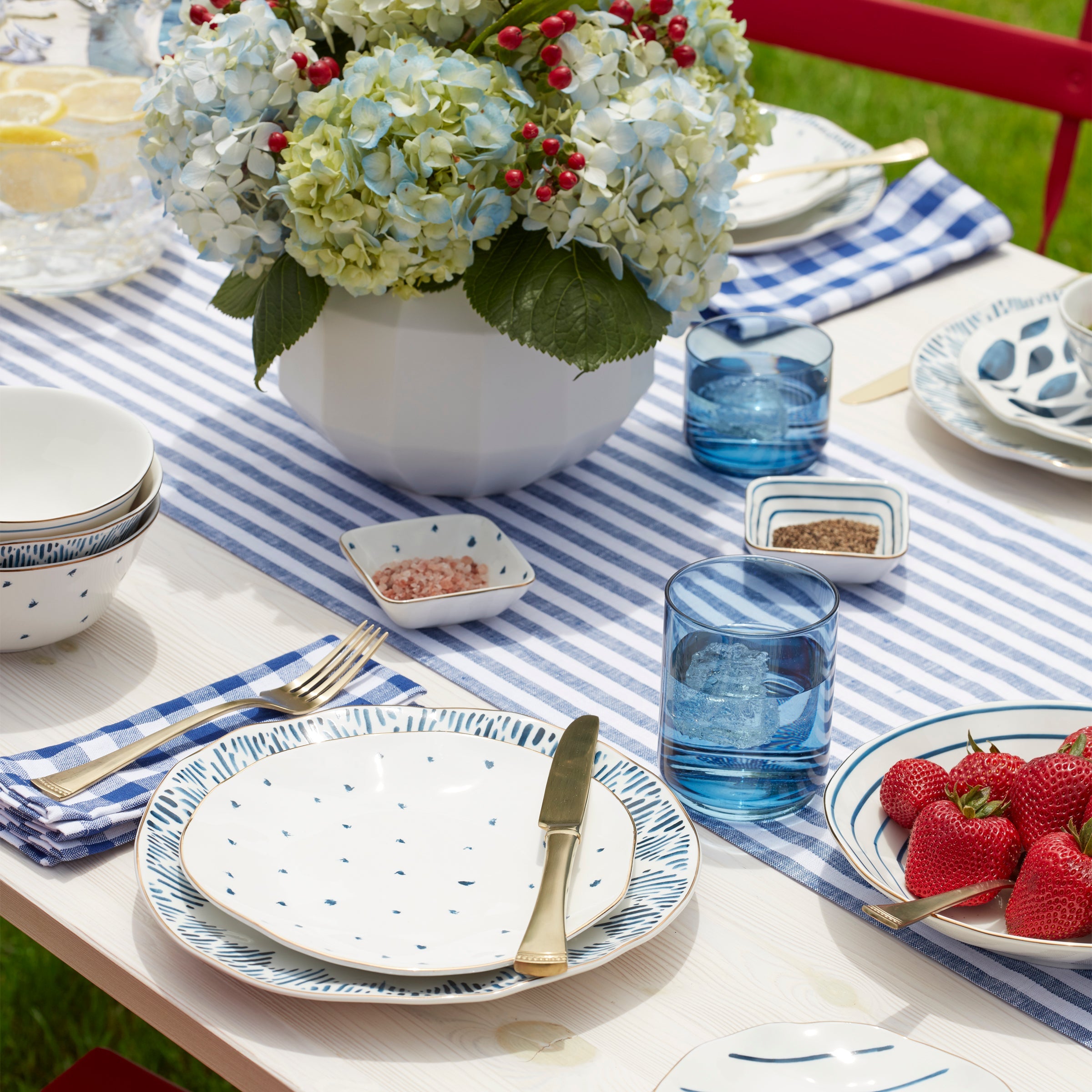 Blue Ikat Porcelain Dinner Plates with Gold Rim, Set of 4 - Image 4