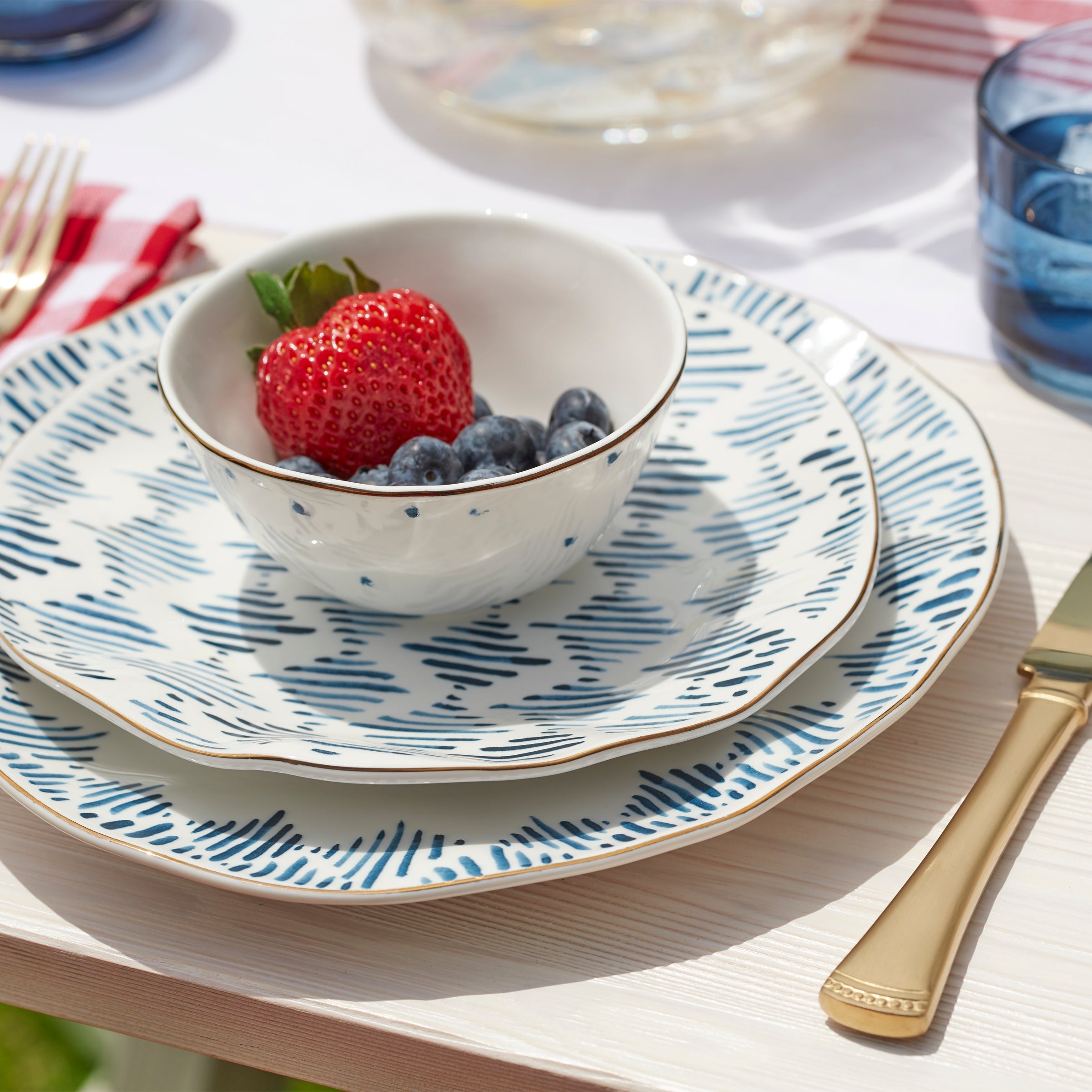 Blue Ikat Porcelain Dinner Plates with Gold Rim, Set of 4 - Image 5