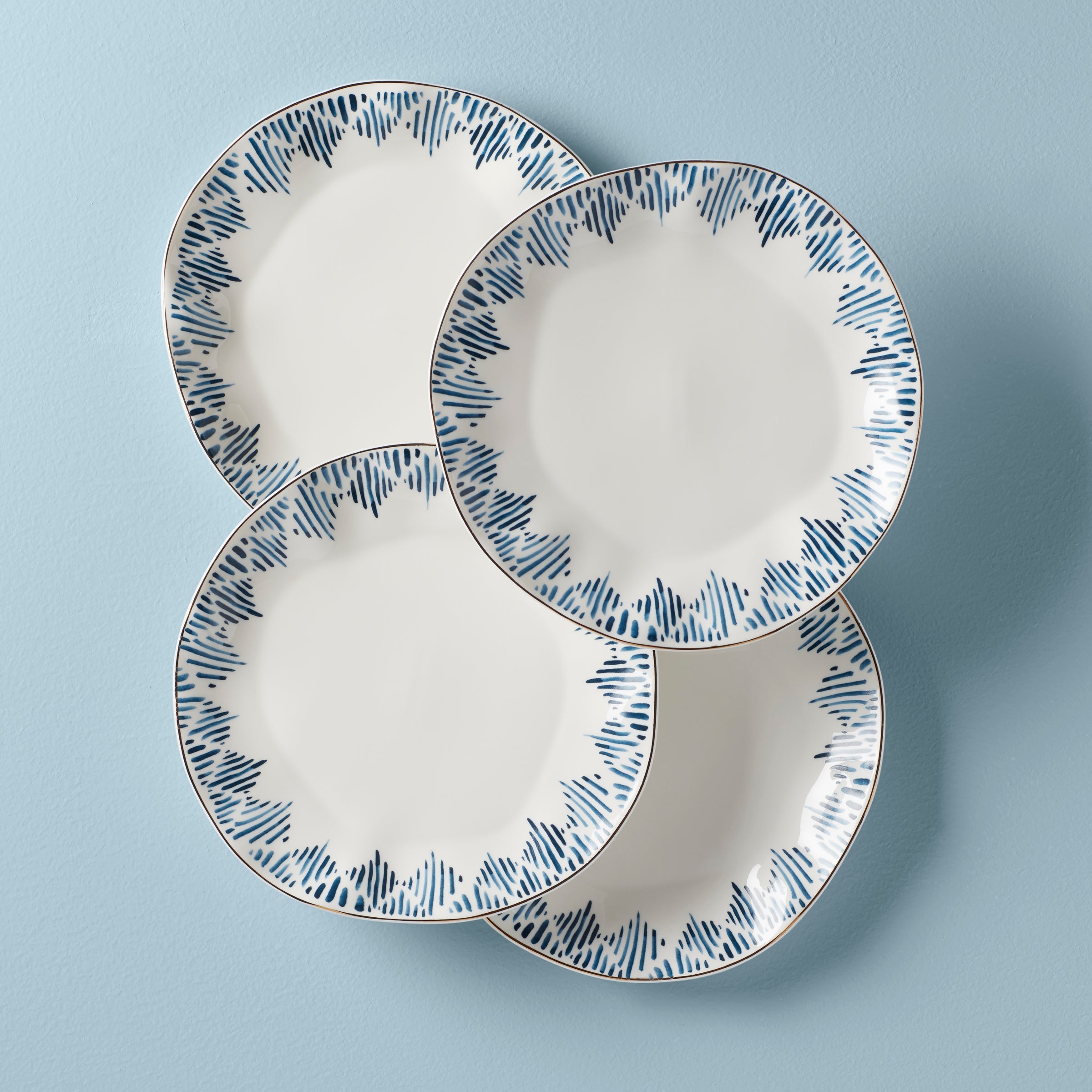 Blue Ikat Porcelain Dinner Plates with Gold Rim, Set of 4